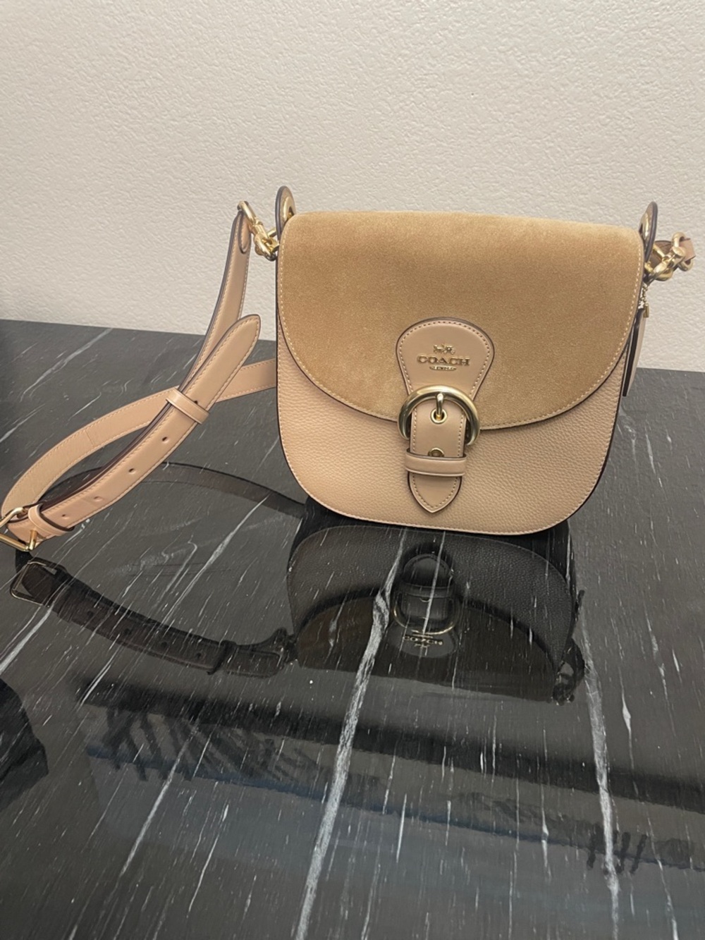 Coach Two-Tone Beige and Tan Pebble Leather Suede Saddle Crossbody